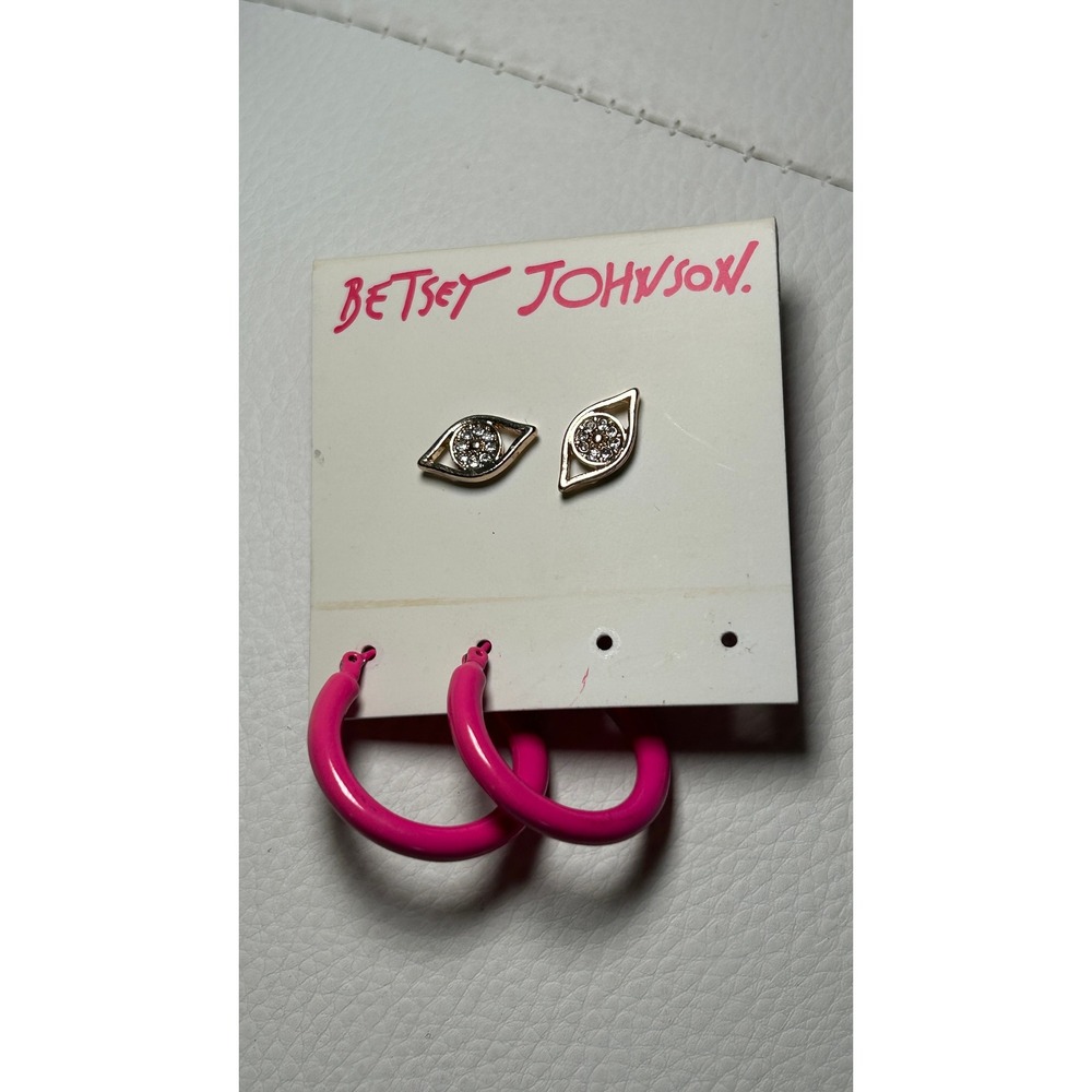 Betsey Johnson Earring Set Evil Eye Crystal Studs Pink Enamel Hoops 2 Pair NEW
